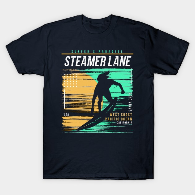 Retro Surfing Steamer Lane Santa Cruz, California // Vintage Surfer Beach // Surfer's Paradise T-Shirt by Now Boarding